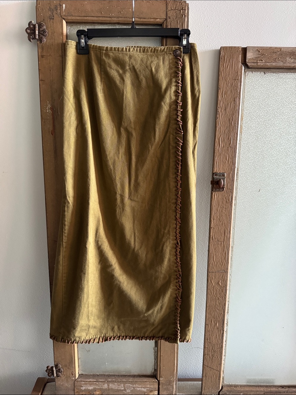 Cambridge Dry Goods Olive Midi Skirt with Contrast Whipstitch